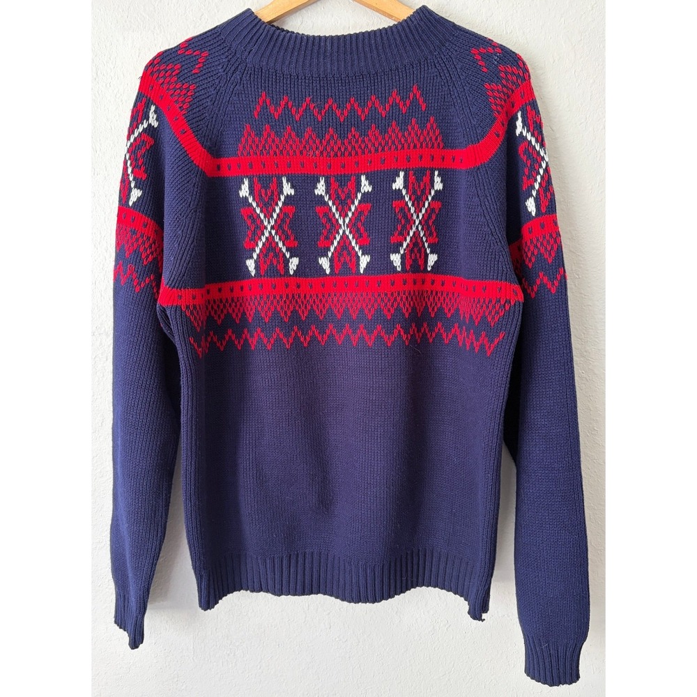 Vintage 80s Mens Fair Isle Knit Sweater Large Tall Nordic Ski Navy Red Acrylic